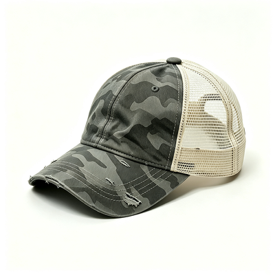 Casquette de camionneur à visière incurvée camouflage délavé avec structure construite, dos en maille durable et fermeture à pression réglable pour un port quotidien