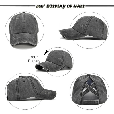 Casquette de baseball réglable affligée lavée de haut chapeau de queue de cheval de denim du coton des femmes