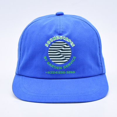 Chapeaux de haute qualité imprimés sur commande en snapback bleu non structuré 5 panneaux à bord plat chapeaux de hip hop doux pour hommes
