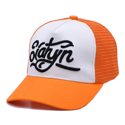Unisexe 5 Panneau Trucker Cap personnalisé 3d brodé bord courbe satinée bordée chapeaux à dos en maille orange