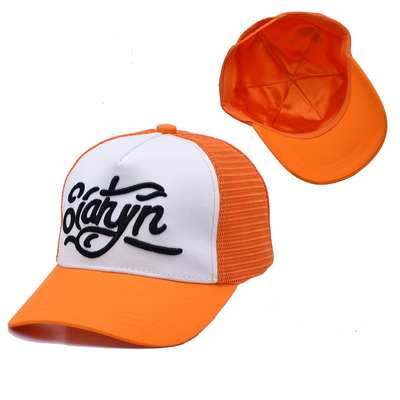 Unisexe 5 Panneau Trucker Cap personnalisé 3d brodé bord courbe satinée bordée chapeaux à dos en maille orange
