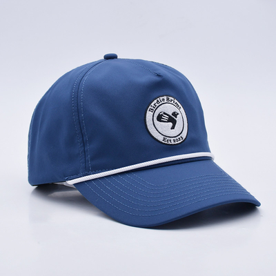 Vente en gros de casquette de base-ball à corde bleue sur mesure brodée structurée Logo 5 Panneau Chapeaux de golf Gorras