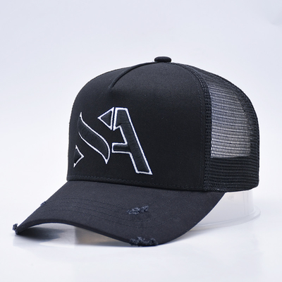Chapeau de camionneur en détresse noir courbé personnalisable en gros 5 panneaux 3D brodé