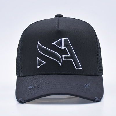 Chapeau de camionneur en détresse noir courbé personnalisable en gros 5 panneaux 3D brodé