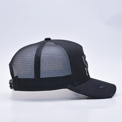 Chapeau de camionneur en détresse noir courbé personnalisable en gros 5 panneaux 3D brodé