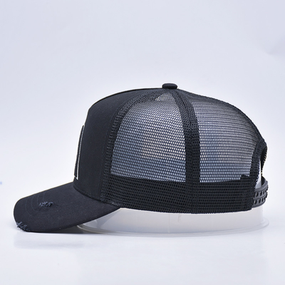 Chapeau de camionneur en détresse noir courbé personnalisable en gros 5 panneaux 3D brodé
