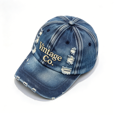 Distressed Vintage Denim Dad Hat Raised Embroidery Hand Wash Recommended Adjustable Strap For Different Head Sizes