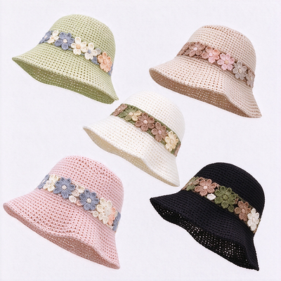 Bandes florales Crochet Bouteille Chapeau coton fils large bord coiffure élégant Parfait pour les voyages Beach Streetwear quotidien
