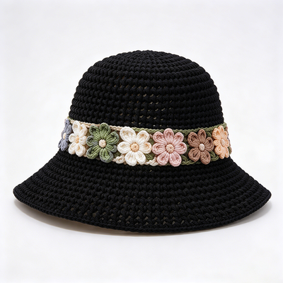 Bandes florales Crochet Bouteille Chapeau coton fils large bord coiffure élégant Parfait pour les voyages Beach Streetwear quotidien