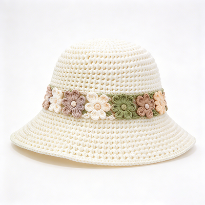 Bandes florales Crochet Bouteille Chapeau coton fils large bord coiffure élégant Parfait pour les voyages Beach Streetwear quotidien