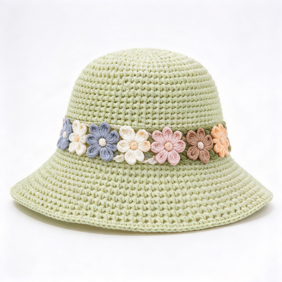 Bandes florales Crochet Bouteille Chapeau coton fils large bord coiffure élégant Parfait pour les voyages Beach Streetwear quotidien