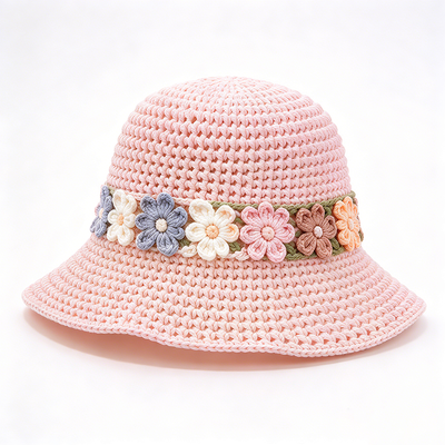 Bandes florales Crochet Bouteille Chapeau coton fils large bord coiffure élégant Parfait pour les voyages Beach Streetwear quotidien
