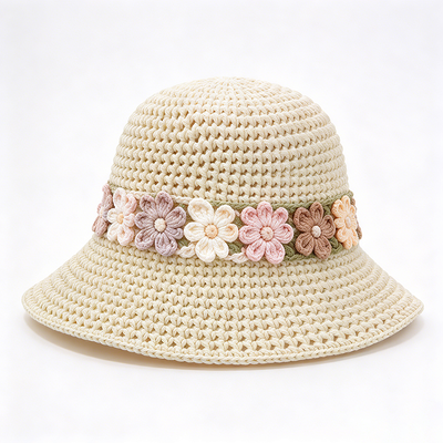 Bandes florales Crochet Bouteille Chapeau coton fils large bord coiffure élégant Parfait pour les voyages Beach Streetwear quotidien