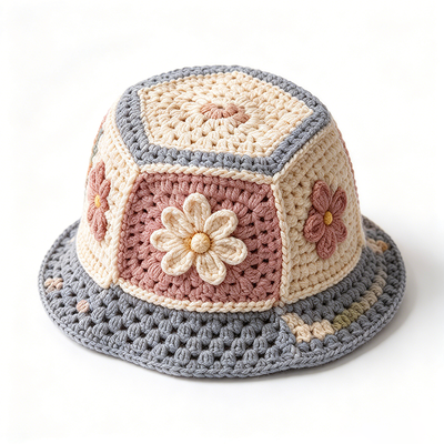 Wide Brim Patchwork Floral Crochet Bucket Hat Lightweight Breathable Sun Protection for Vintage Daily Streetwear