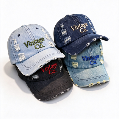 Chapeau de papa en denim vintage en détresse Broderie élevée Laver les mains Recommandé ceinture réglable pour différentes tailles de tête