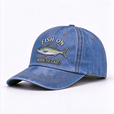 Casquette de pêche en denim lavé style papa avec broderie rehaussée, respirante, légère, élégante et pratique, couvre-chef pour pêcheurs en extérieur et tenue décontractée