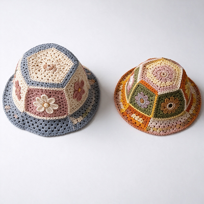 Chapeau seau en crochet patchwork floral à large bord, léger et respirant, protection solaire pour un style vintage quotidien