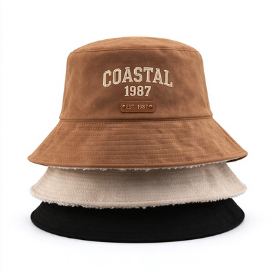 Chapeau seau en polyester et coton doublé polaire brodé vintage chapeau de pêcheur chaud automne hiver