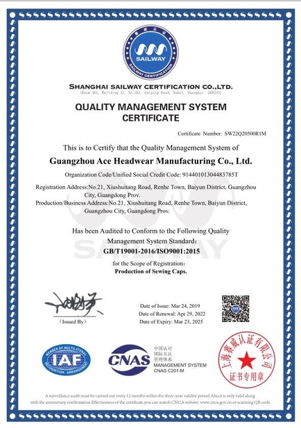 LA CHINE Guangzhou Ace Headwear Manufacturing Co., Ltd. Certifications